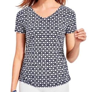 Talbots Small Blossoms Short Sleeve Knit Top in White/Navy Blue Women’s S
